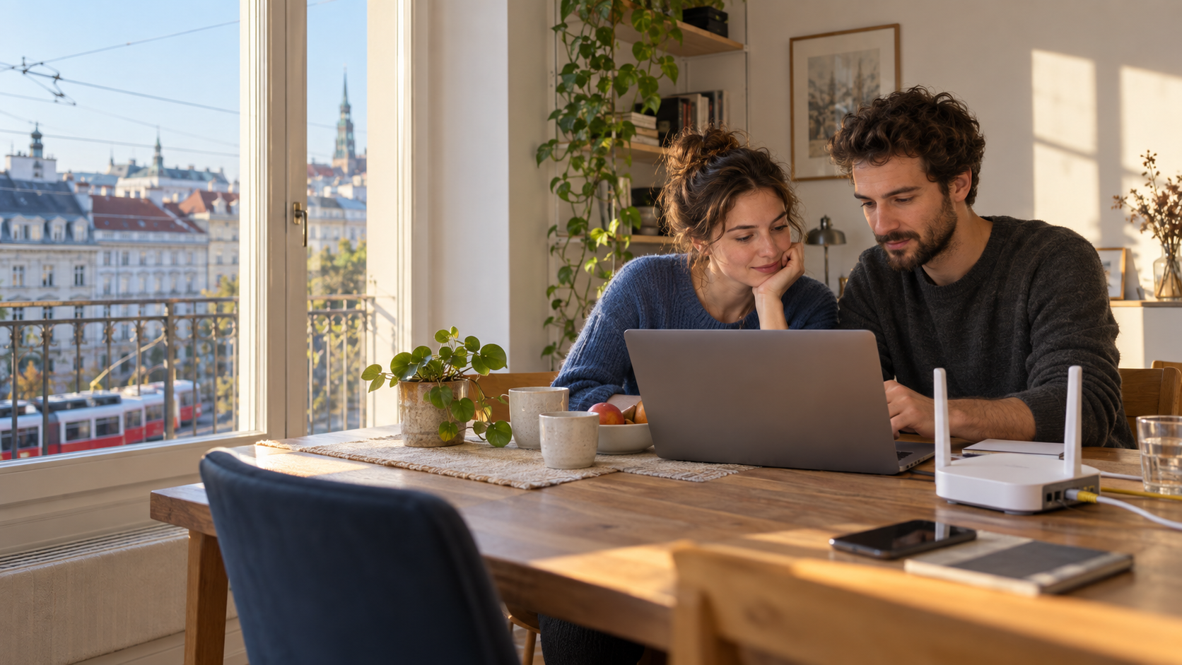 Paar in einer Wiener Wohnung vergleicht Internetoptionen mit sichtbarem WLAN-Router